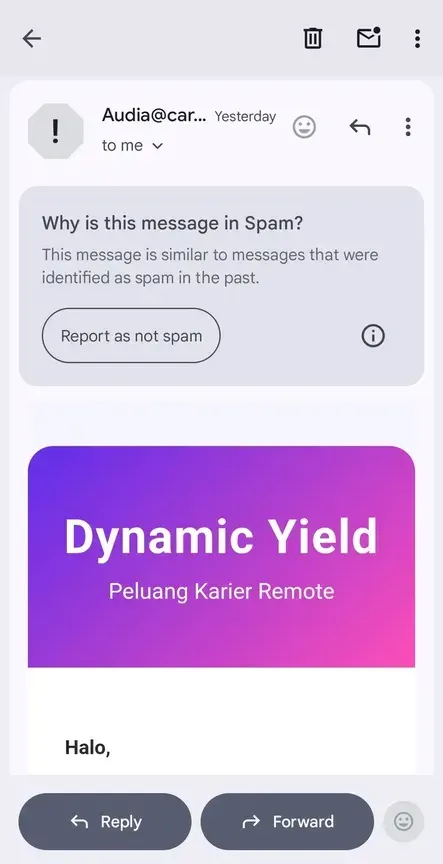 Gmail menampilkan banner Why is this message in Spam di atas email tersebut