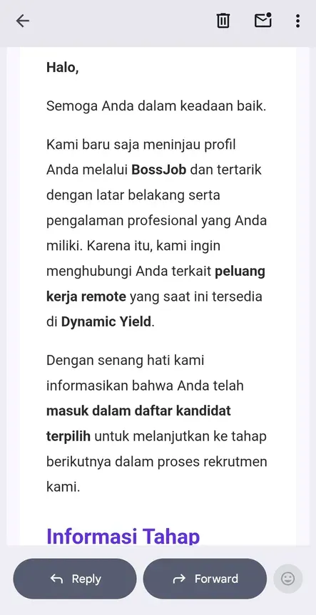 Isi email: profil ditinjau lewat BossJob, peluang kerja remote di Dynamic Yield, sudah masuk daftar kandidat terpilih