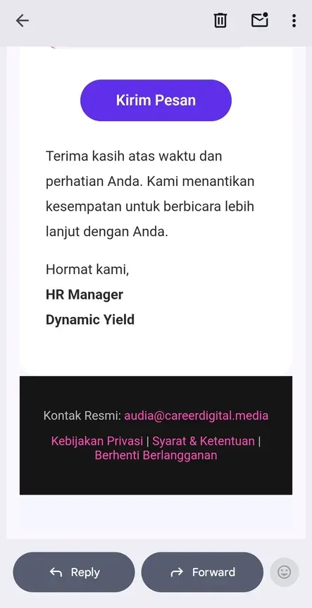 Tanda tangan email: HR Manager Dynamic Yield, dengan kontak resmi audia@careerdigital.media