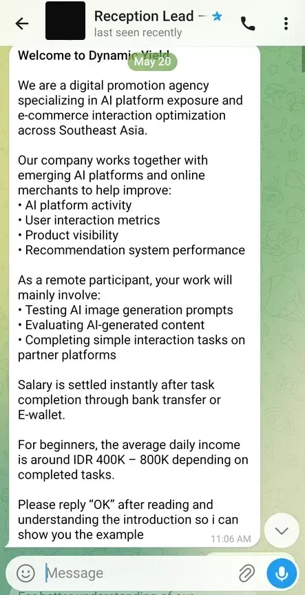 Pesan Telegram: agensi promosi digital, gaji cair instan, rata-rata IDR 400K sampai 800K per hari