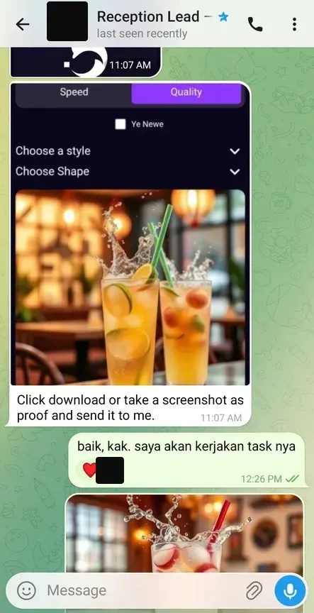 Hasil generate AI dikirim balik ke Telegram sebagai bukti