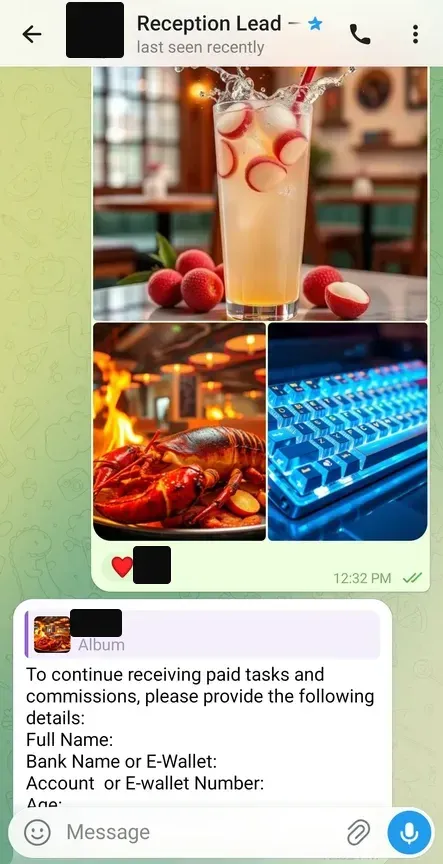 Telegram meminta nama lengkap, nama bank atau e-wallet, nomor rekening, dan umur