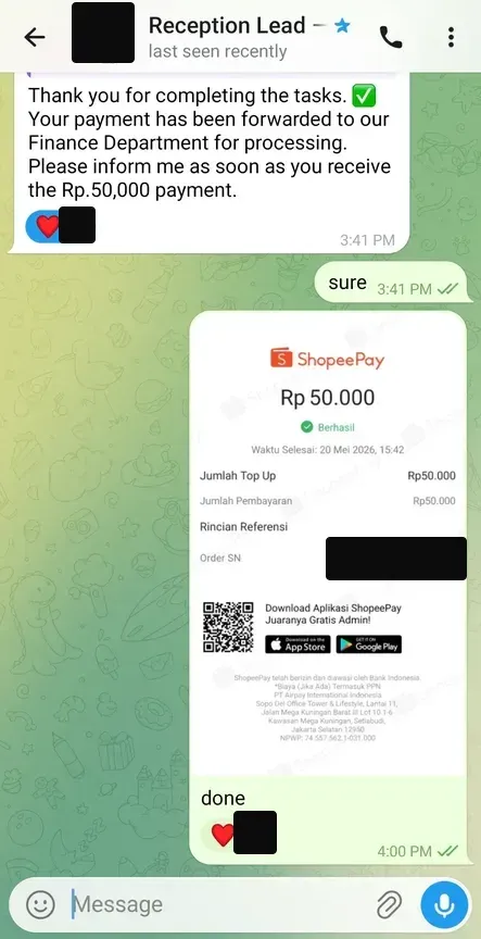 Bukti transfer ShopeePay Rp 50.000 dikirim lewat Telegram